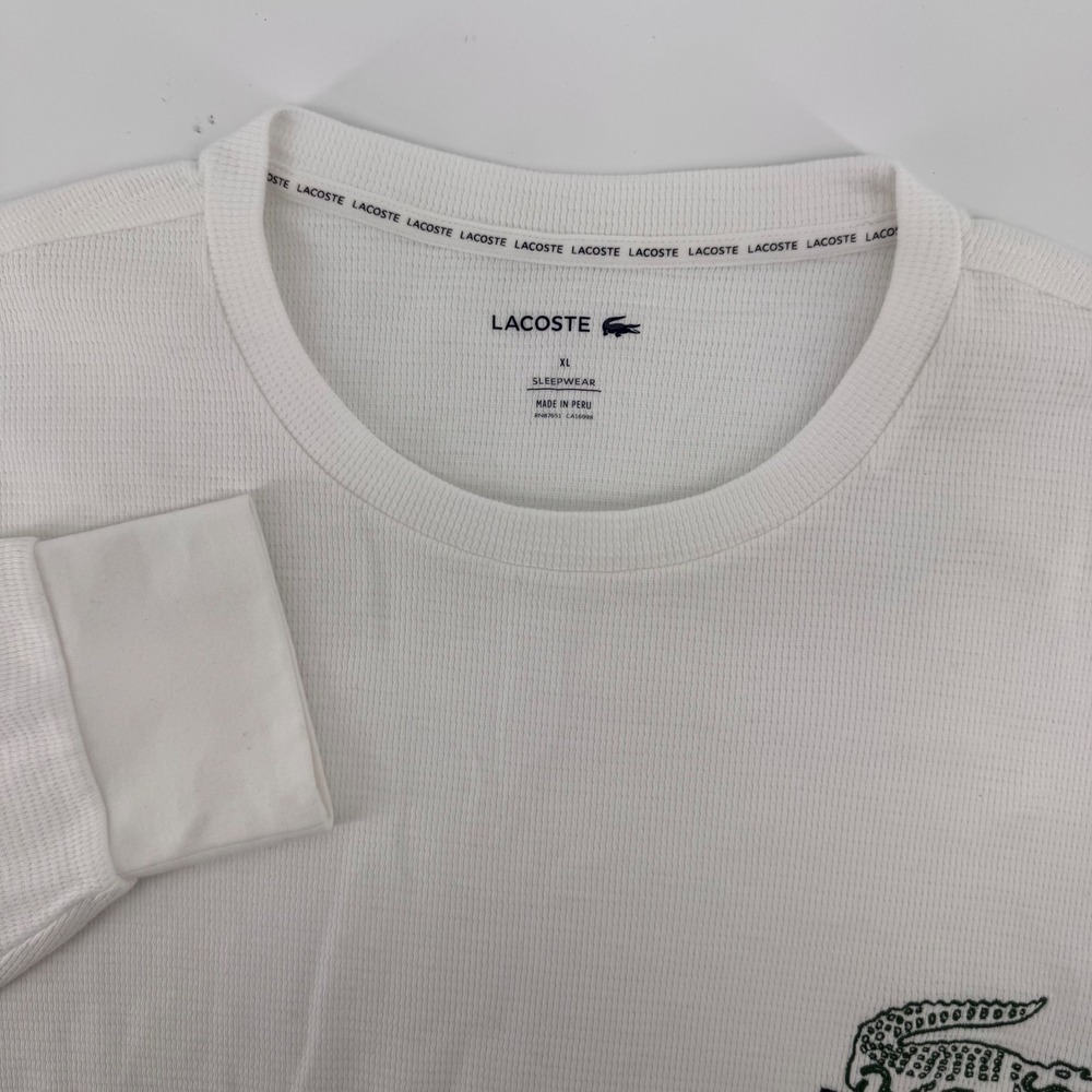Lacoste Sleepwear Top Mens XL White Waffle Knit Long Sleeve Embroidered Logo